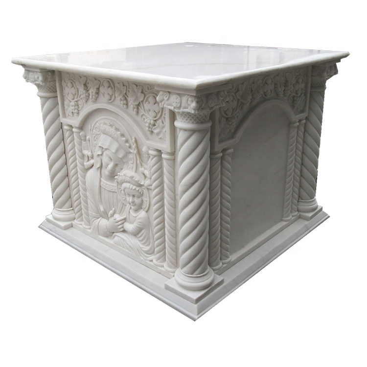 Hand carving white marble church table virgin mary and angel high marble altar for church