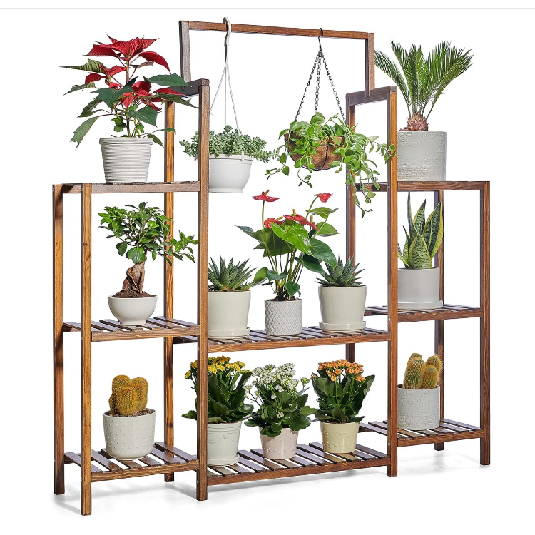 Hot sale 8 tiered flower plant shelf garden free standing wood plant hanger stand