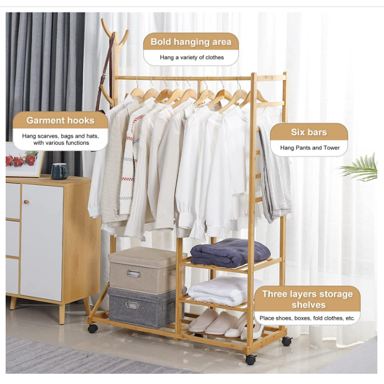 Hot sale clothing hat tree bedroom bamboo portable rolling clothes rack