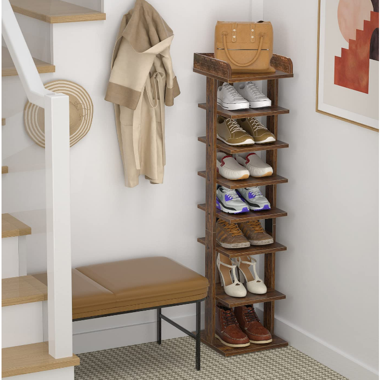 Rustic vertical shoe rack tower 8 Tiers tall entryway wooden brown shoe shelf display