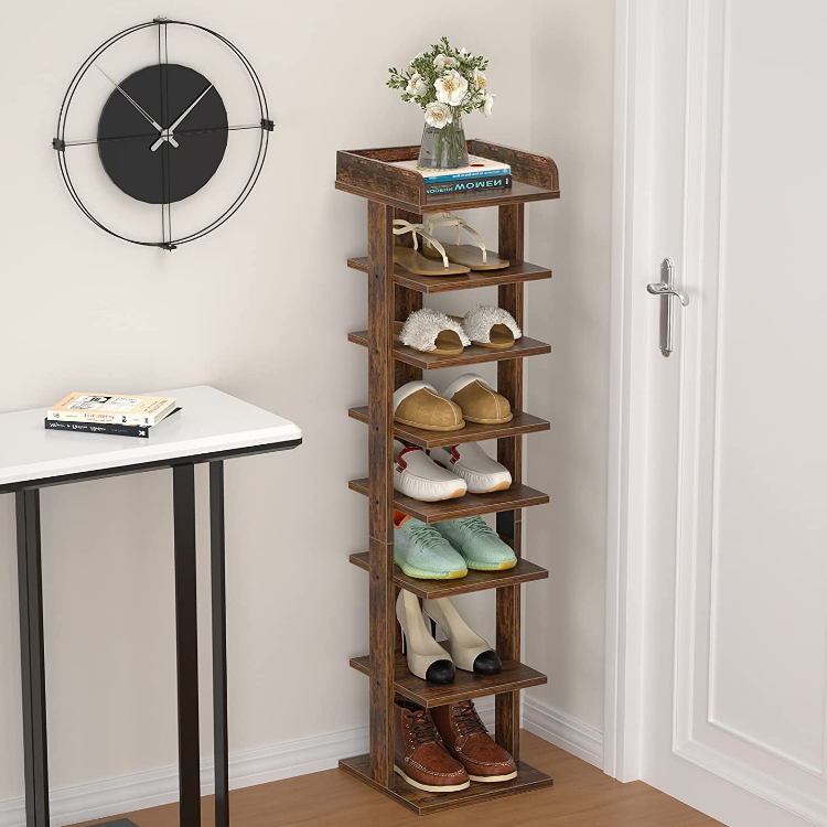 Rustic vertical shoe rack tower 8 Tiers tall entryway wooden brown shoe shelf display