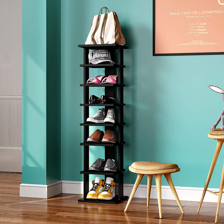 Tall narrow shoe storage tower corner black wooden 7 tier shoe shelves shoes organizer