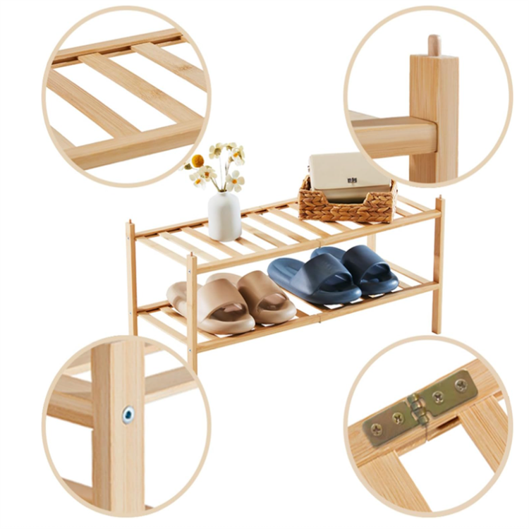 2-Tier Bamboo Stackable Shoe Rack Small Shoe Storage for Dorm Front Door Shoe Rack Organizer