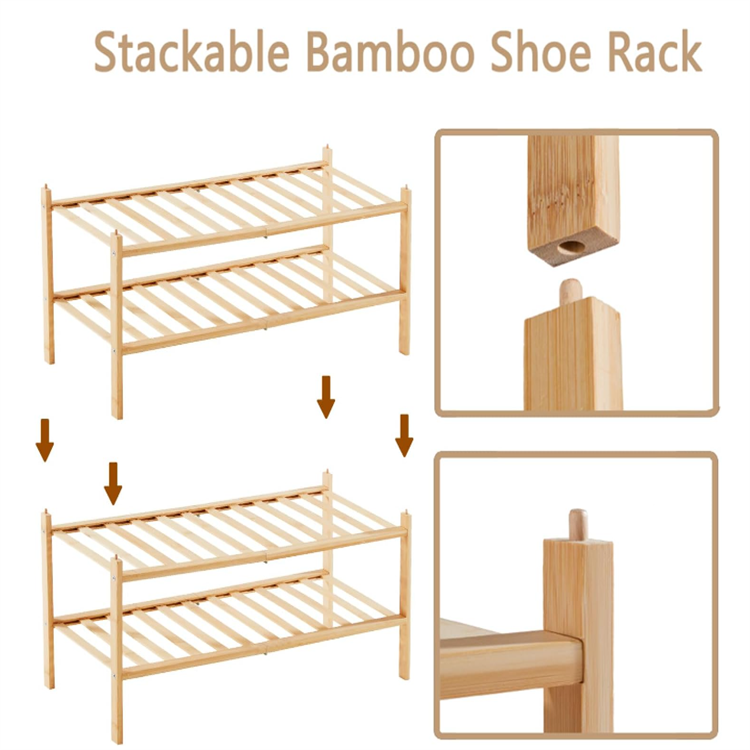 2-Tier Bamboo Stackable Shoe Rack Small Shoe Storage for Dorm Front Door Shoe Rack Organizer