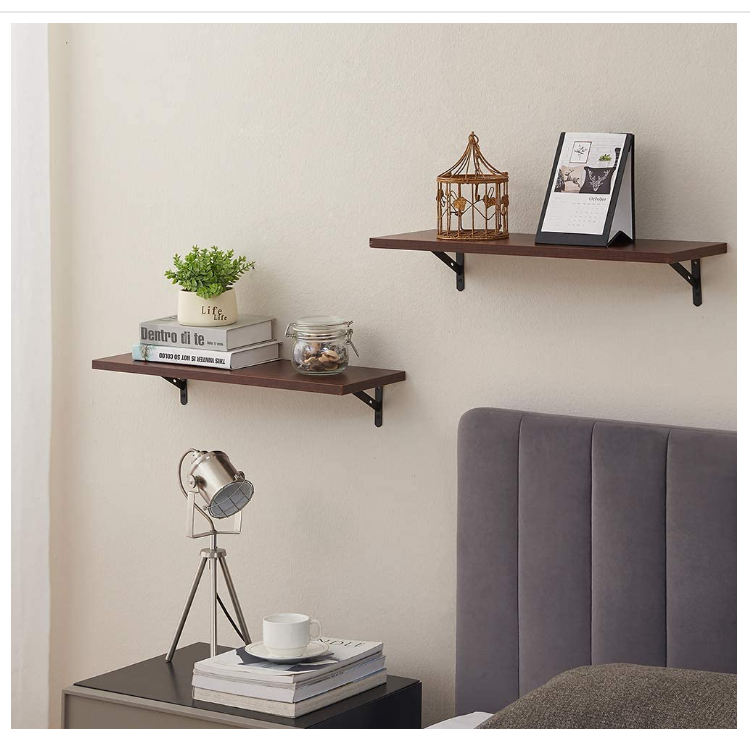 Custom living room kitchen small items organizer brown wood wall display shelves