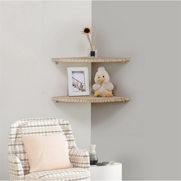 Set of 2 Solid Wood Corner Floating Shelves Round End Wall Mounted Floating Corner Shelf