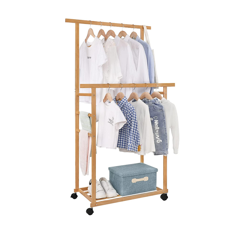 Hot sale double rod clothes rack freestanding mobilizable bamboo kids clothes rack