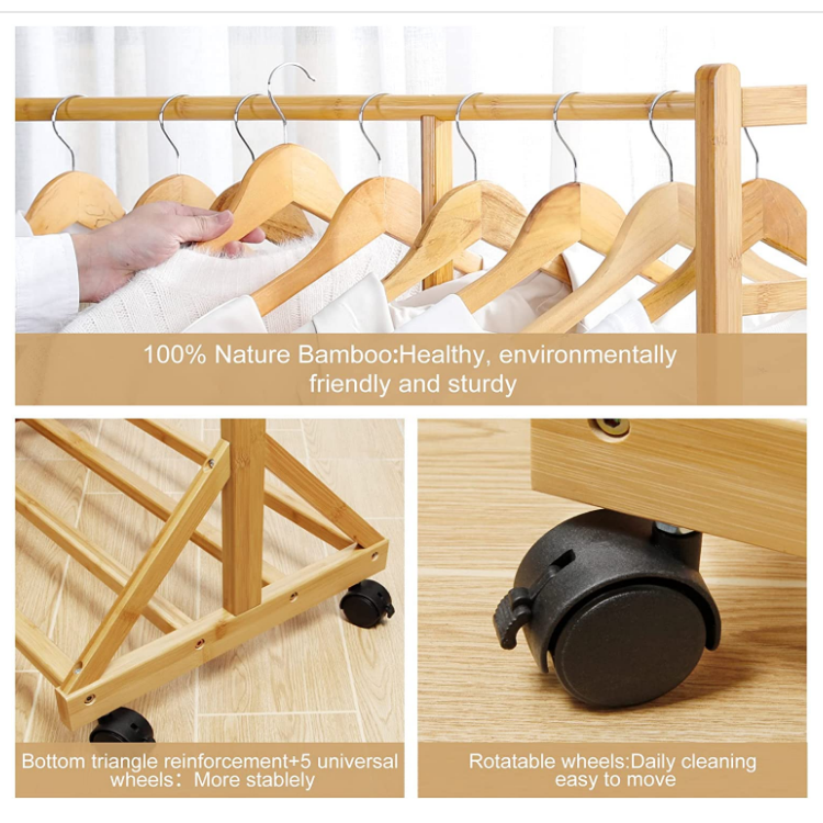 Hot sale clothing hat tree bedroom bamboo portable rolling clothes rack