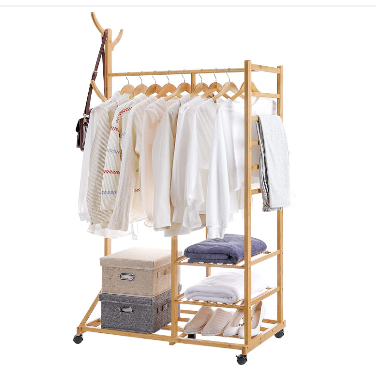 Hot sale clothing hat tree bedroom bamboo portable rolling clothes rack