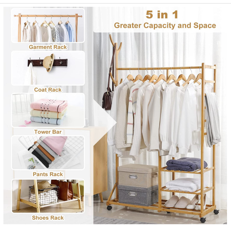 Hot sale clothing hat tree bedroom bamboo portable rolling clothes rack