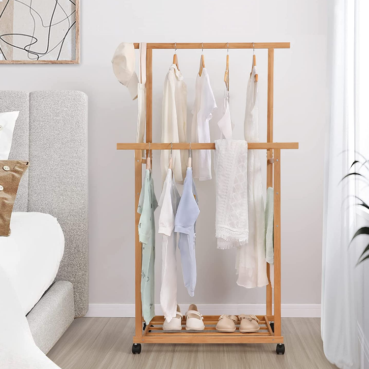 Hot sale double rod clothes rack freestanding mobilizable bamboo kids clothes rack