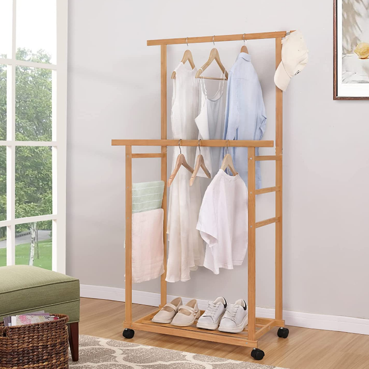 Hot sale double rod clothes rack freestanding mobilizable bamboo kids clothes rack