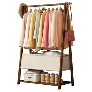 Solid Wood Coat Rack Floor-to-Ceiling Household Hangers Thickened Foldable Clothes Drying Rack for Bedroom Garment Storage Rack