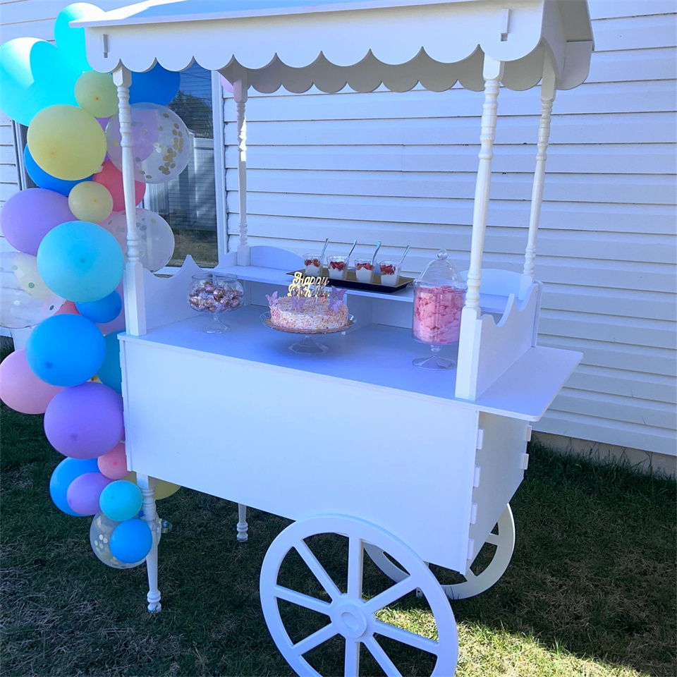 2024 Amazon Hot Sale Wooden Candy Cart Metal Display Racks with Wheels for Weddings Baby Showers Birthdays Parties 1pc MOQ