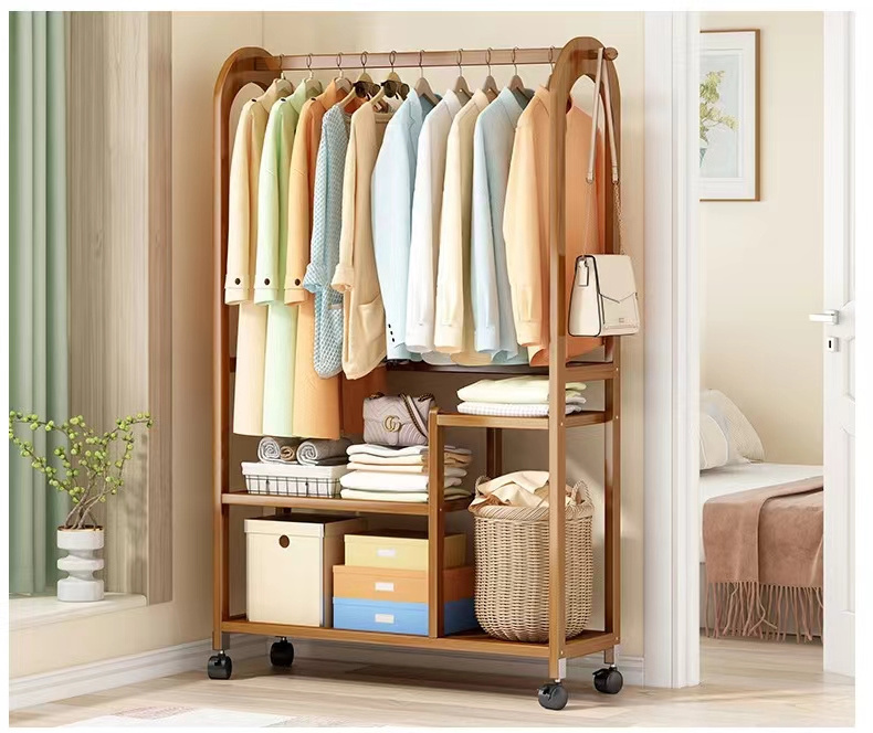 Simple Houseware Double-Tier Garment Rack with Coat/Hat Hanging Hooks Storage Shelves for Living Room for Clothes Bags Pots