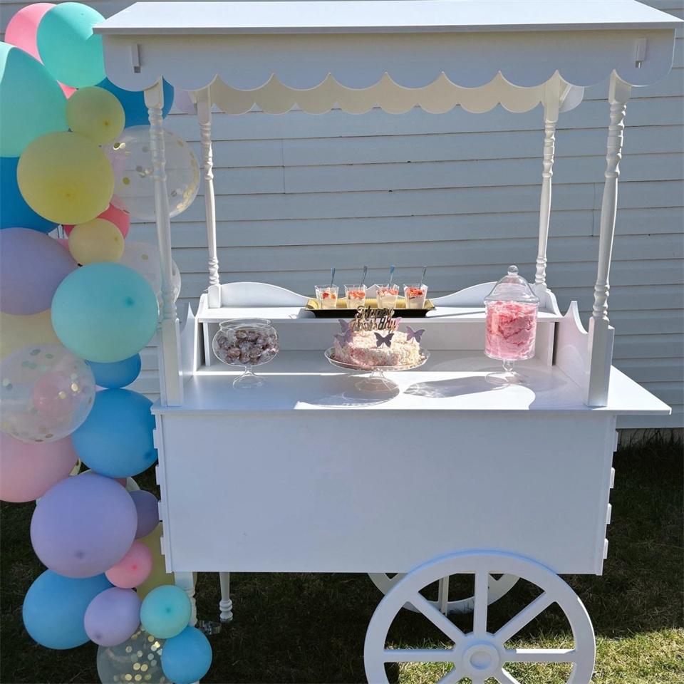 2024 Amazon Hot Sale Wooden Candy Cart Metal Display Racks with Wheels for Weddings Baby Showers Birthdays Parties 1pc MOQ