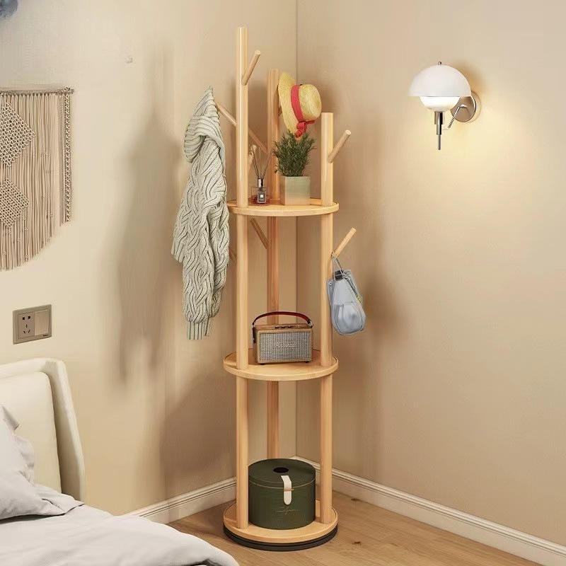 Modern Double-Tier Solid Wood Coat Rack for Bedroom Balcony Indoor Small Vertical Rack with Storage for Bags Clothes Other Items