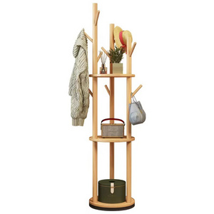 Modern Double-Tier Solid Wood Coat Rack for Bedroom Balcony Indoor Small Vertical Rack with Storage for Bags Clothes Other Items