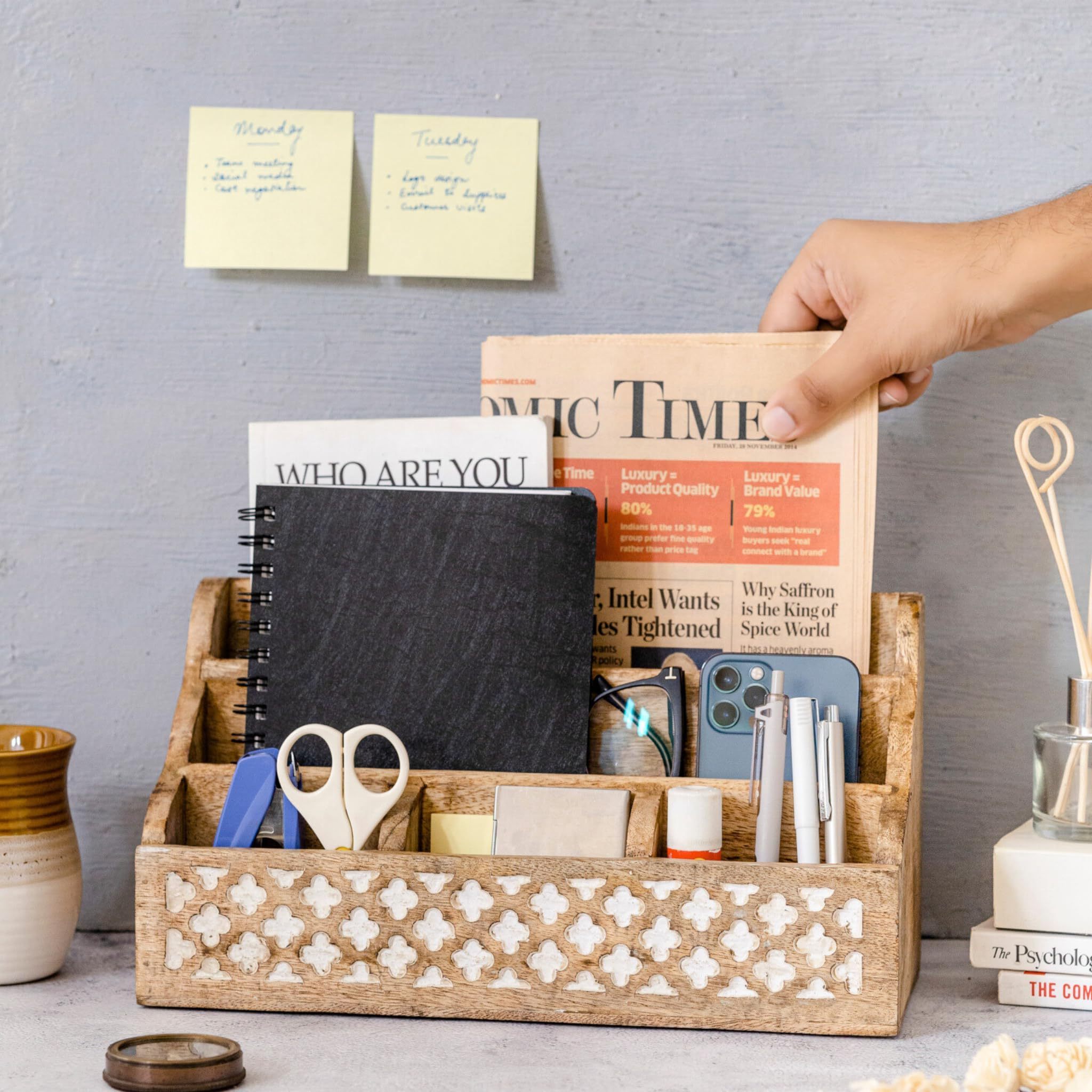 Handmade Wooden Desk Organizer Pencil and Stationery Holder with Box Storage for Cosmetics Home Office Art Supplies