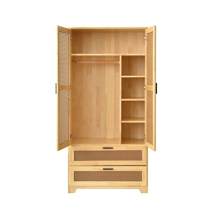 Pine Wood Wardrobe with 2 Doors and Drawers, Storage Side Cabinet Clothes Hanging Closet with Rail and Adjustable Shelves