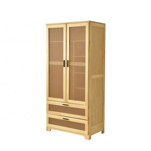 Pine Wood Wardrobe with 2 Doors and Drawers, Storage Side Cabinet Clothes Hanging Closet with Rail and Adjustable Shelves