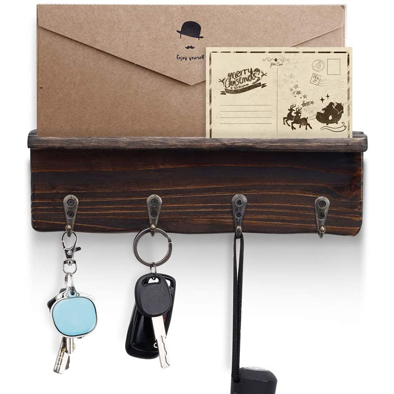 Rustic Key Holder for Wall Farmhouse Wall Shelf Wall Mounted Key Racks Wooden Mail Organizer with Hooks for Entryway