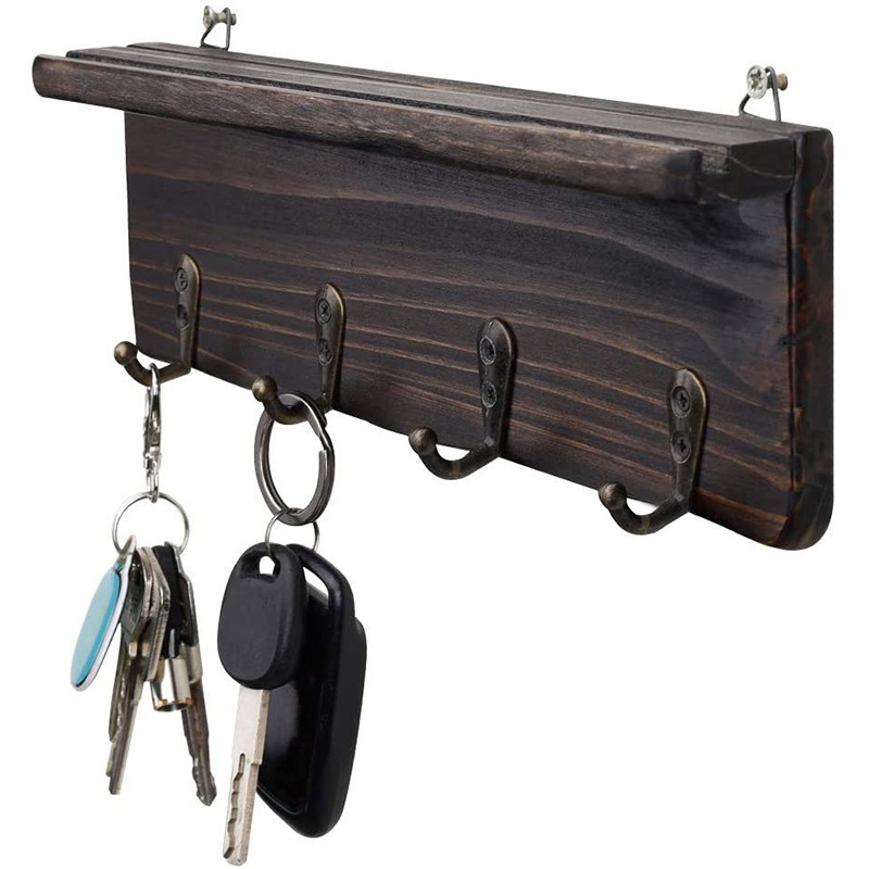 Rustic Key Holder for Wall Farmhouse Wall Shelf Wall Mounted Key Racks Wooden Mail Organizer with Hooks for Entryway