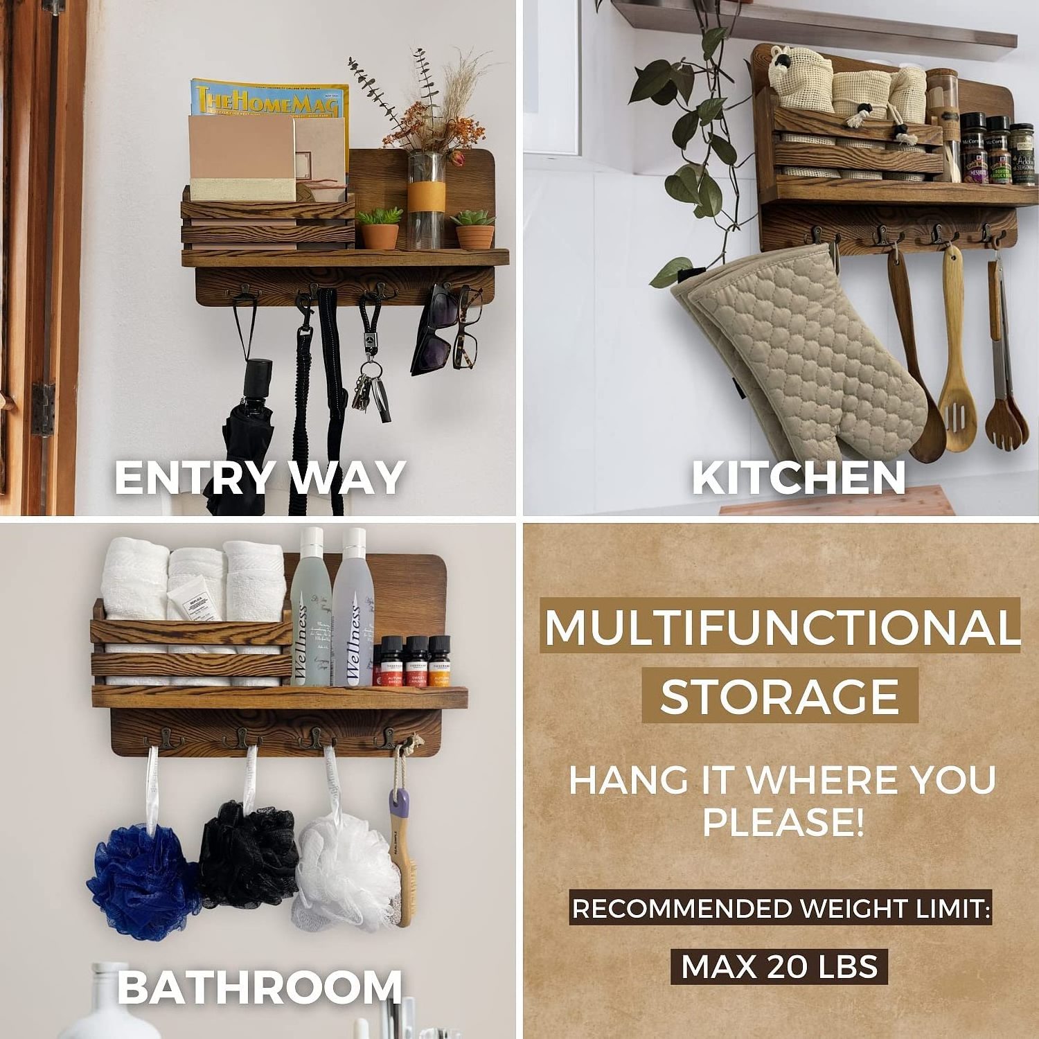 Wall-mounted Wooden Farmhouse Mail Organizers with Shelves and Hooks for Kitchen Use-Key Belts Hangers and Letters