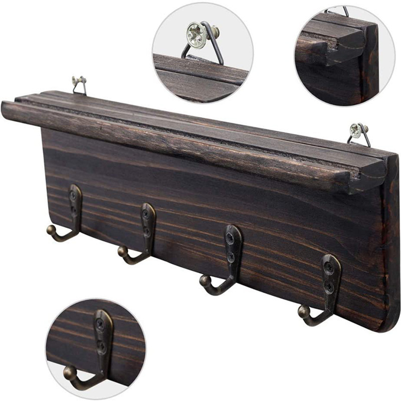 Rustic Key Holder for Wall Farmhouse Wall Shelf Wall Mounted Key Racks Wooden Mail Organizer with Hooks for Entryway