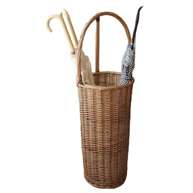 Hot sale Handmade woven wicker storage basket tall umbrella storage basket with handles for home hotel restaurant