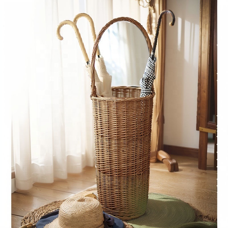 Hot sale Handmade woven wicker storage basket tall umbrella storage basket with handles for home hotel restaurant