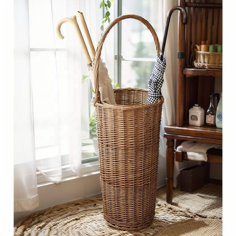 Hot sale Handmade woven wicker storage basket tall umbrella storage basket with handles for home hotel restaurant