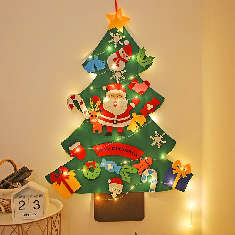 DIY Felt Christmas Tree Christmas Wall Hanging Xmas Tree with LED String Lights for Kids Gifts Decor for Home New Year Party