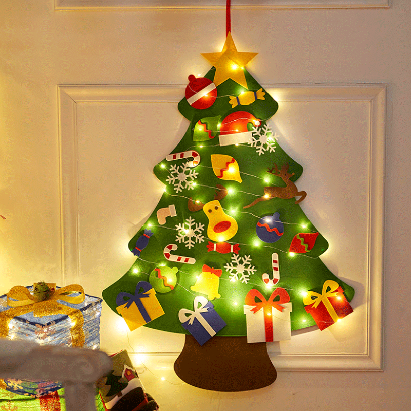 DIY Felt Christmas Tree Christmas Wall Hanging Xmas Tree with LED String Lights for Kids Gifts Decor for Home New Year Party