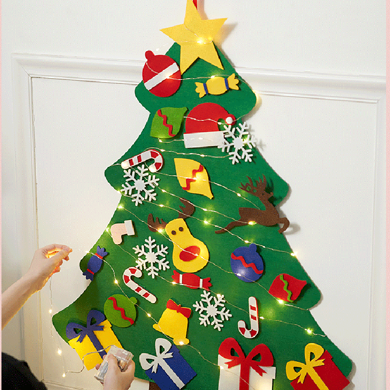 DIY Felt Christmas Tree Christmas Wall Hanging Xmas Tree with LED String Lights for Kids Gifts Decor for Home New Year Party