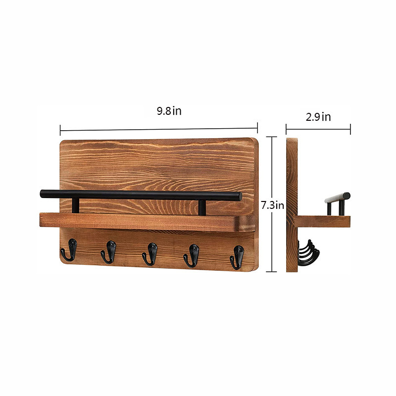 Wooden Wall Mounted Key Mail Holder Rack Mail Storage Organizer with 5Key Hooks and a Floating Shelf