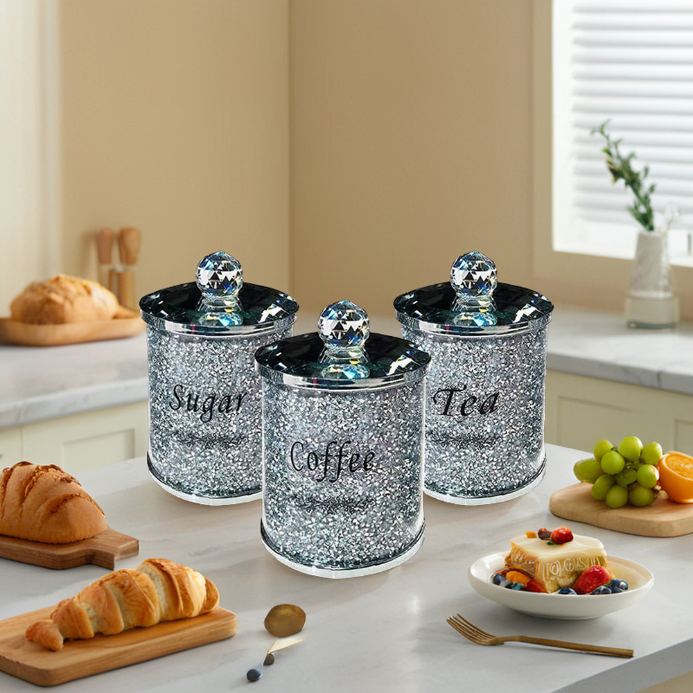 Set of 3 Luxury Diamond Sparky Glass Canisters Crushed Diamonds Design for Sugar Coffee Tea Storage Food Container