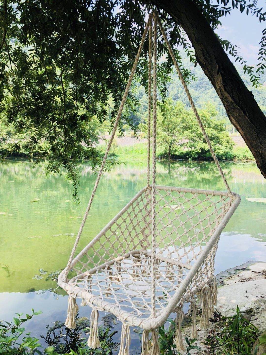 Macrame Hanging Chair with Cotton Ropes and Metal Frame Indoor/Outdoor Swing for Patio Balcony Hammock Stand for Anniversaries