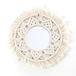 Beautiful Boho Chic Antique Mirror Wall Hanging round Hand-Woven Macrame Fringe Modern Art Style Home Decor