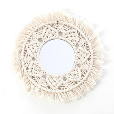 Beautiful Boho Chic Antique Mirror Wall Hanging round Hand-Woven Macrame Fringe Modern Art Style Home Decor