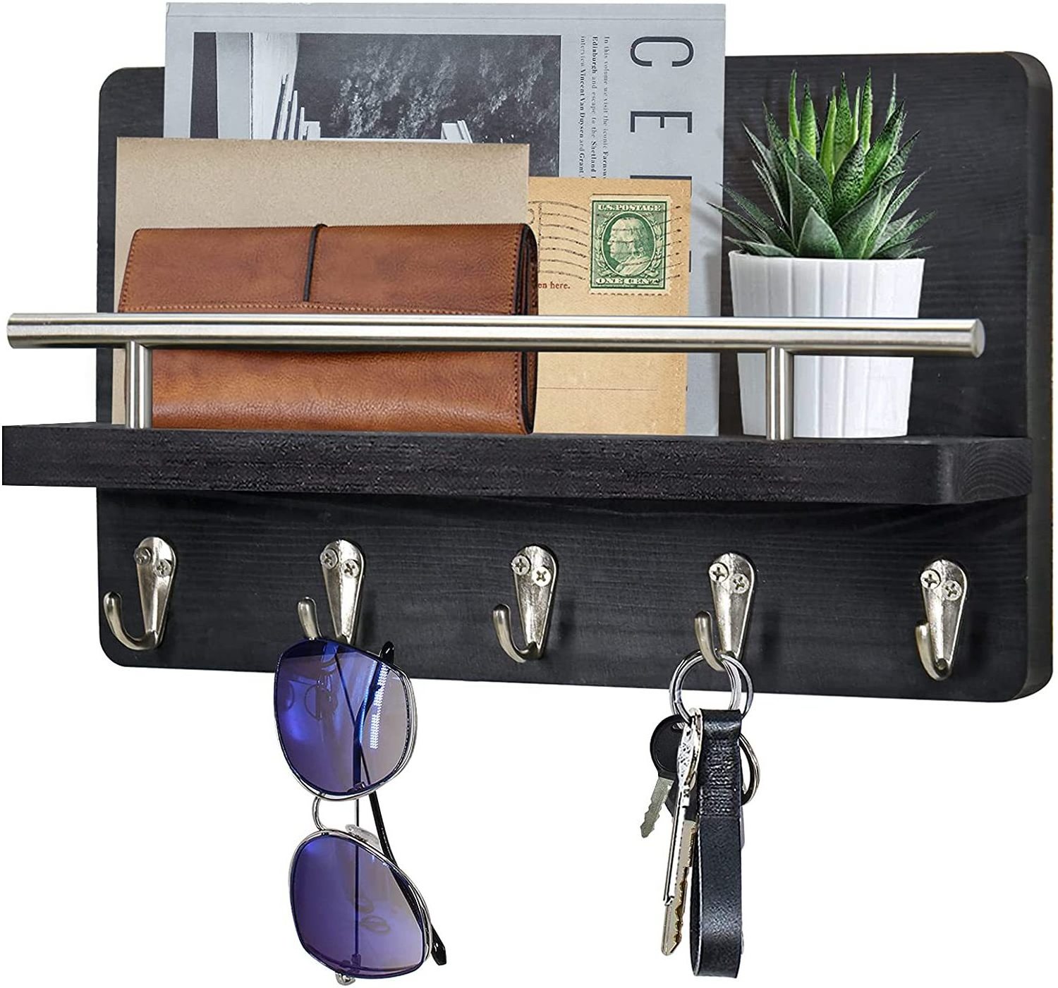 Wooden Wall Mounted Key Mail Holder Rack Mail Storage Organizer with 5Key Hooks and a Floating Shelf