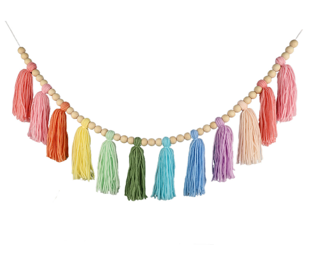 Home Party Wood Bead Garland with Tassels Boho Macrame Wall Hanging Decor Pastel Tassel Banner