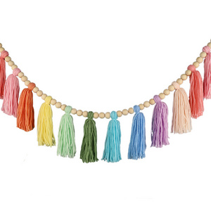 Home Party Wood Bead Garland with Tassels Boho Macrame Wall Hanging Decor Pastel Tassel Banner