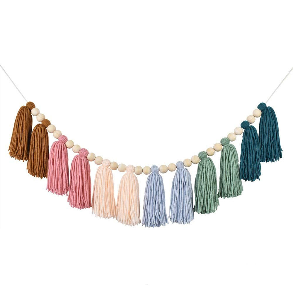 Home Party Wood Bead Garland with Tassels Boho Macrame Wall Hanging Decor Pastel Tassel Banner