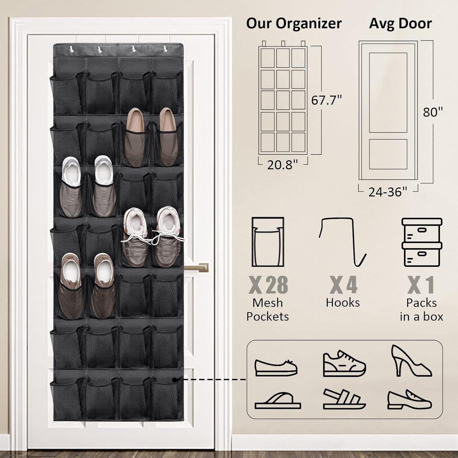 Door Hanging Shoes Organizer with Clear Mesh Pockets for Kitchen Cabinet Pantry Closet Bedroom Bathroom