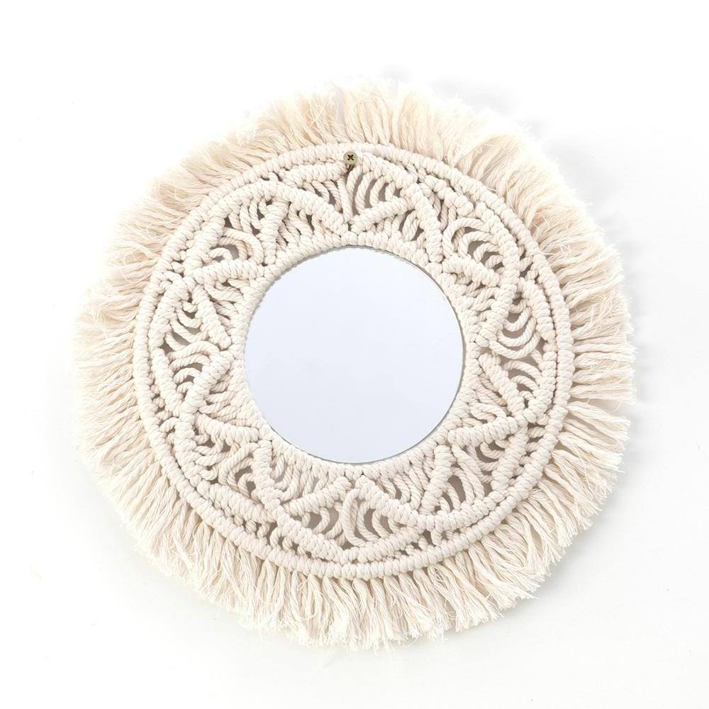 Beautiful Boho Chic Antique Mirror Wall Hanging round Hand-Woven Macrame Fringe Modern Art Style Home Decor