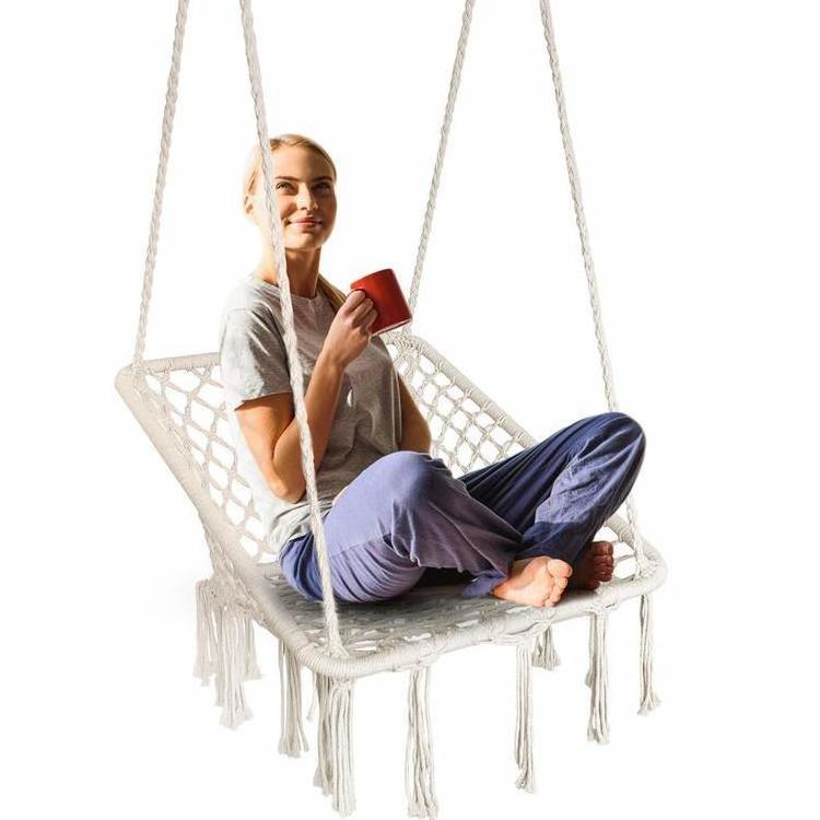 Macrame Hanging Chair with Cotton Ropes and Metal Frame Indoor/Outdoor Swing for Patio Balcony Hammock Stand for Anniversaries