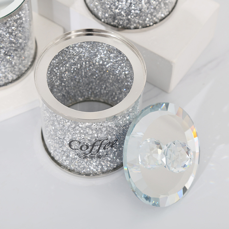 Set of 3 Luxury Diamond Sparky Glass Canisters Crushed Diamonds Design for Sugar Coffee Tea Storage Food Container