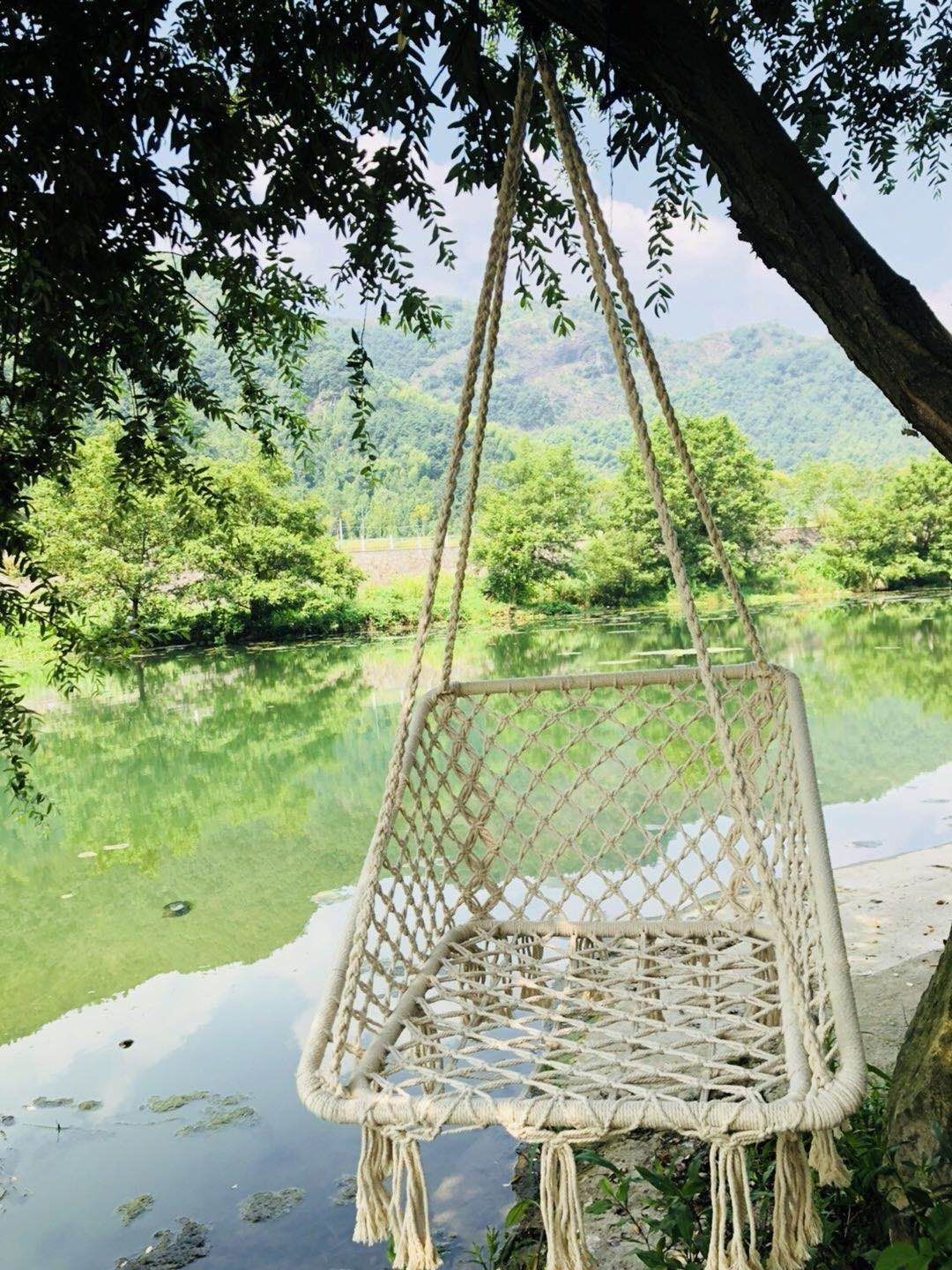 Macrame Hanging Chair with Cotton Ropes and Metal Frame Indoor/Outdoor Swing for Patio Balcony Hammock Stand for Anniversaries