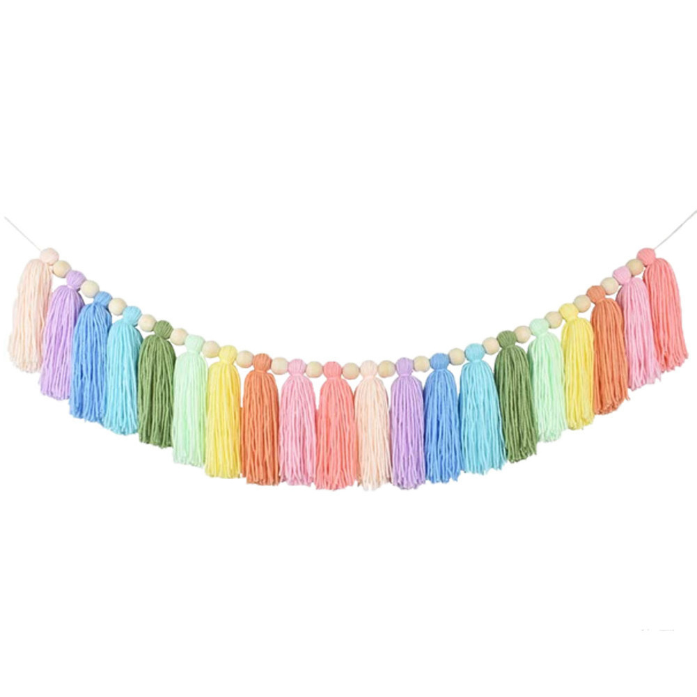 Home Party Wood Bead Garland with Tassels Boho Macrame Wall Hanging Decor Pastel Tassel Banner